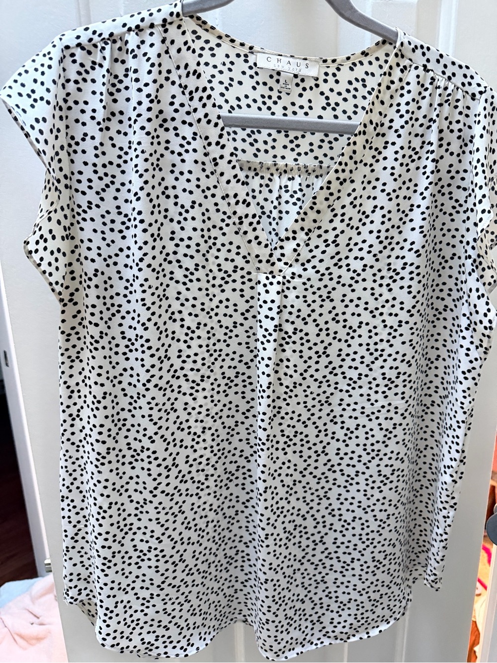 Chaus White and Black Polka Dot V-Neck Polo Shirt